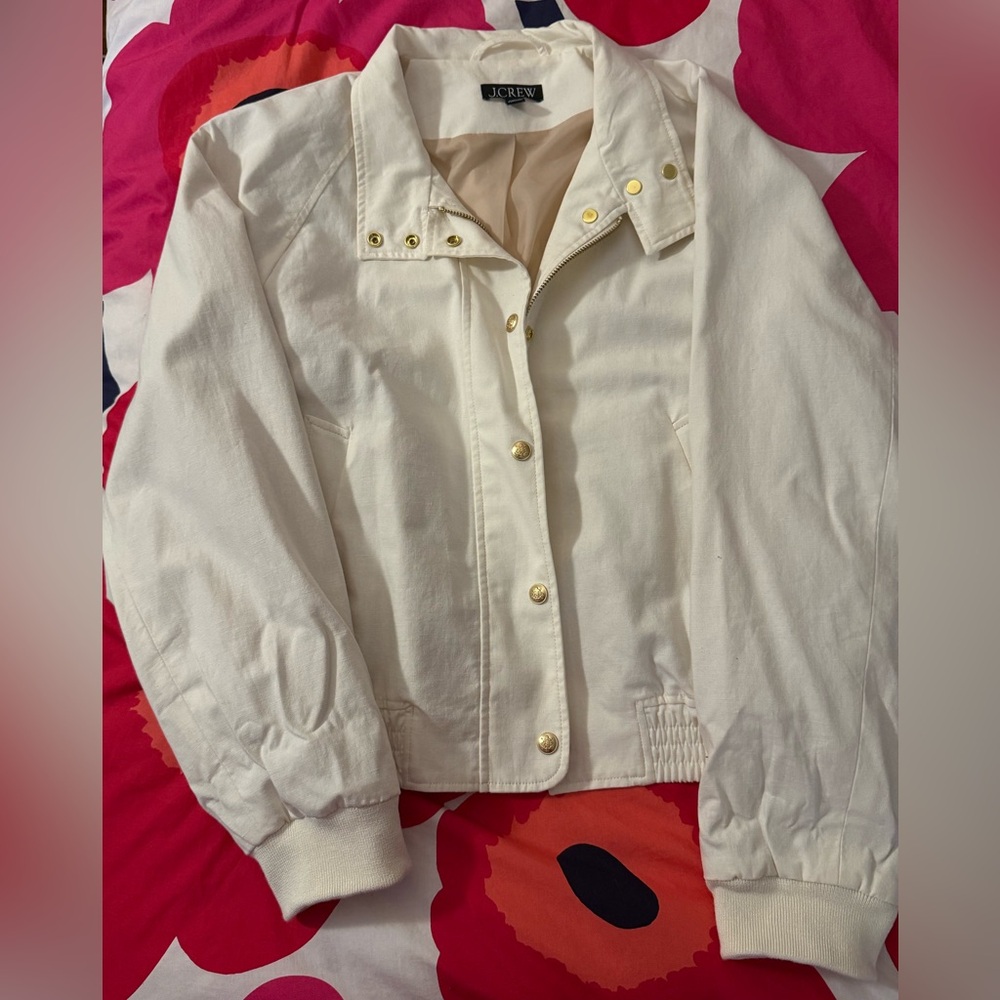 J. Crew Cream Button-Front Bomber Jacket with Gold Hardware